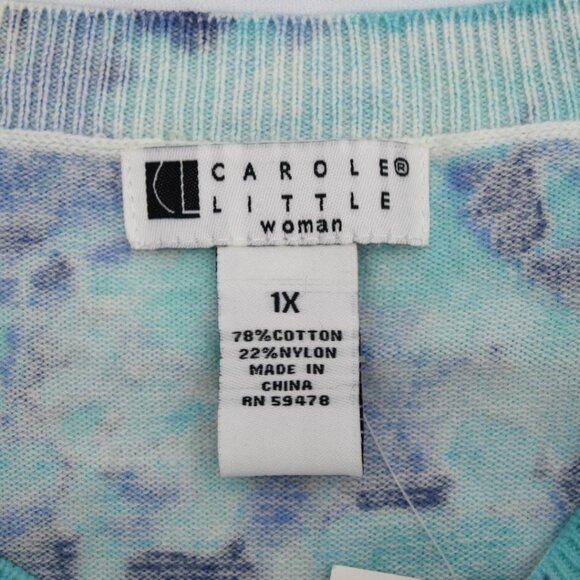 Carole Little Woman 1X Cardigan Sweater Blue White Cotton Button Front - Picture 3 of 5
